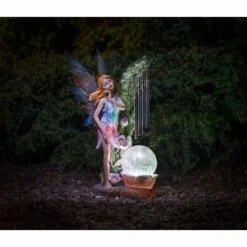 Solar Powered Garden Fairy With Wind Chime -Green Joy Store 331455 garden fairy with solar crackle ball and windchime 2